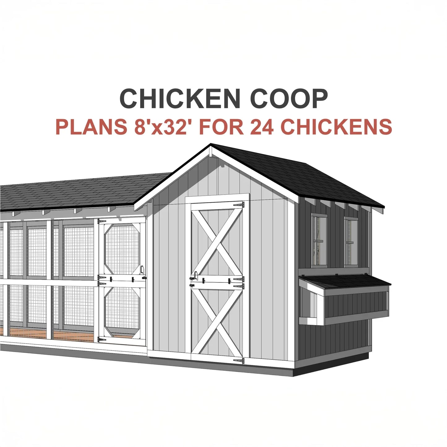 8x32 Large Chicken Coop Plans with 24ft Run ā DIY Hen House for 24 Chickens ( Printed plans )