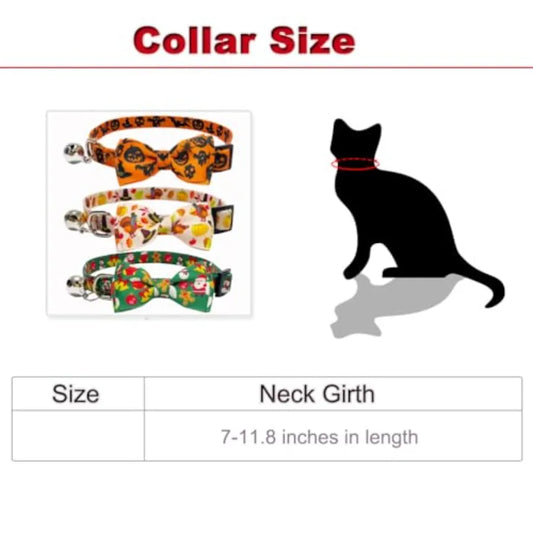 3 Pack Halloween Thanksgiving Christmas Pet Collars with Bow Tie and Bell Breakaway Safety Collars for Holidays