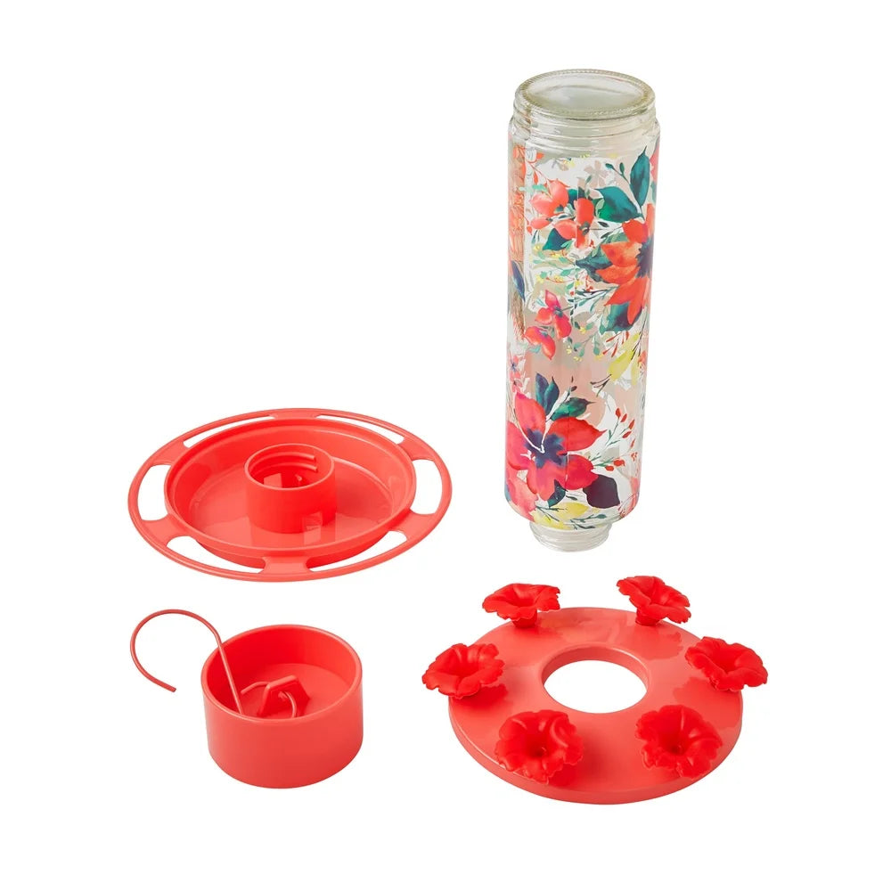 Fresh Floral Decorative Glass Hummingbird Feeder with Ant Moat Perching Ring