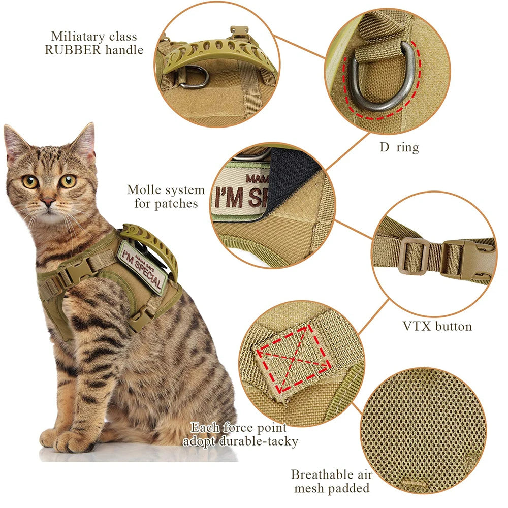 Tactical Cat Small Dog Harness with Leash and 9 Patches Vest with Handle