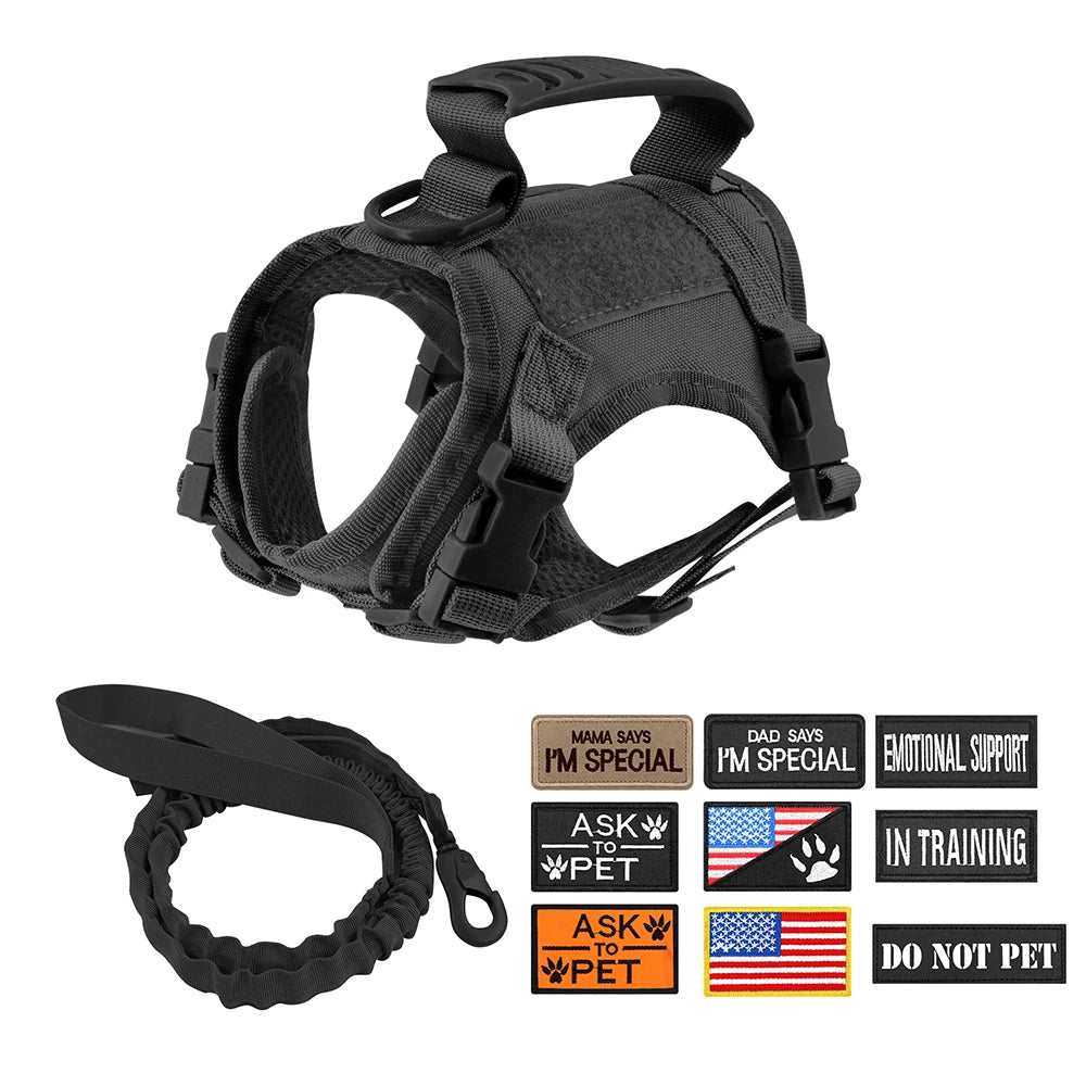 Tactical Cat Small Dog Harness with Leash and 9 Patches Vest with Handle