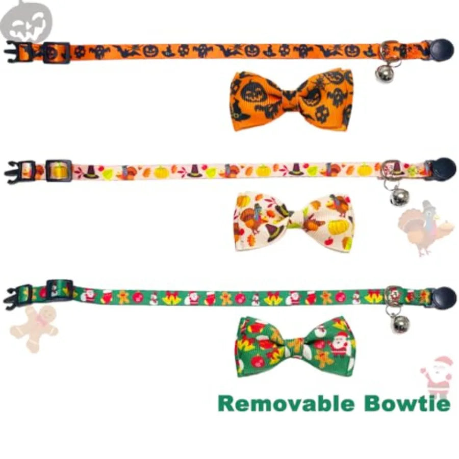 3 Pack Halloween Thanksgiving Christmas Pet Collars with Bow Tie and Bell Breakaway Safety Collars for Holidays