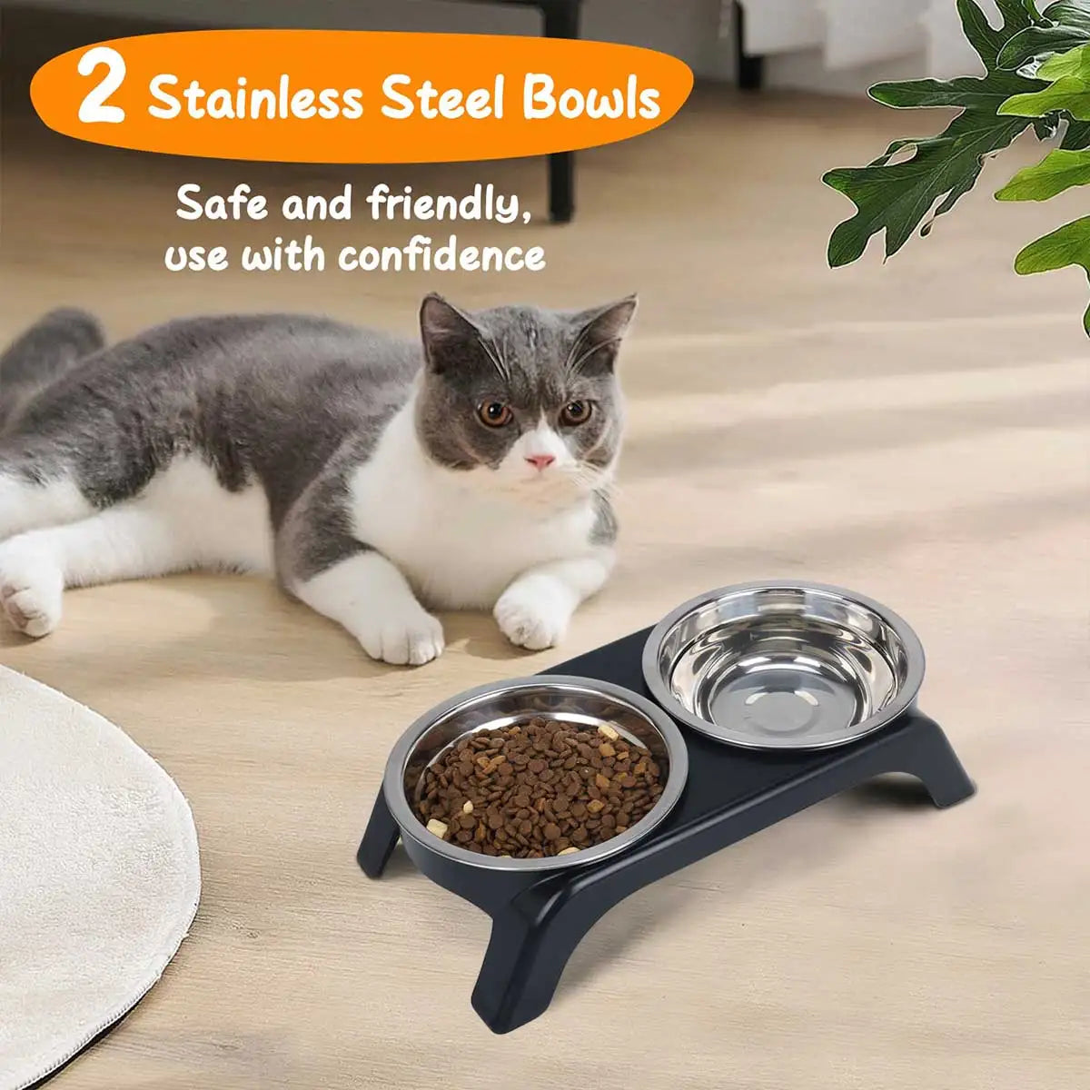 Elevated pet bowl with two stainless steel bowls, available in black and gray