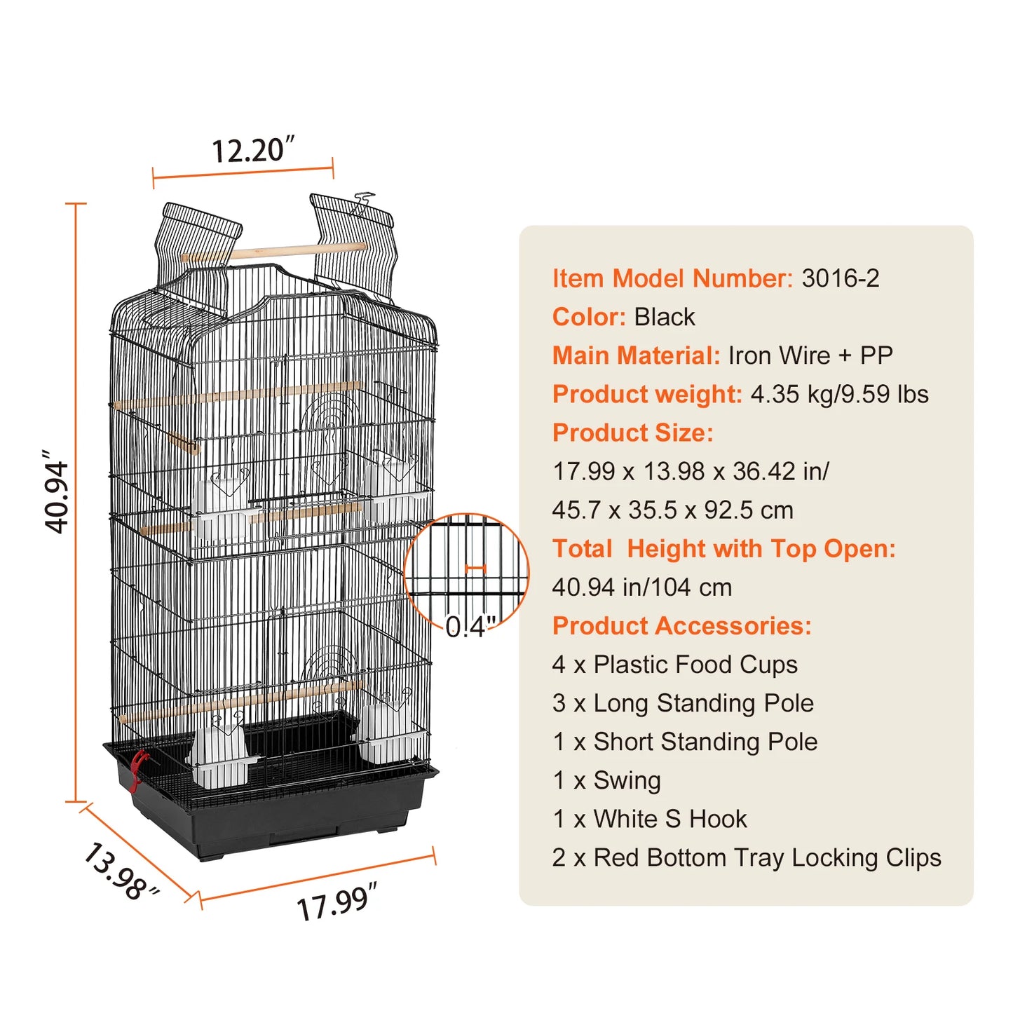Open Top Large Parrot Bird Cage Hanging for Birds with Swing and Perch