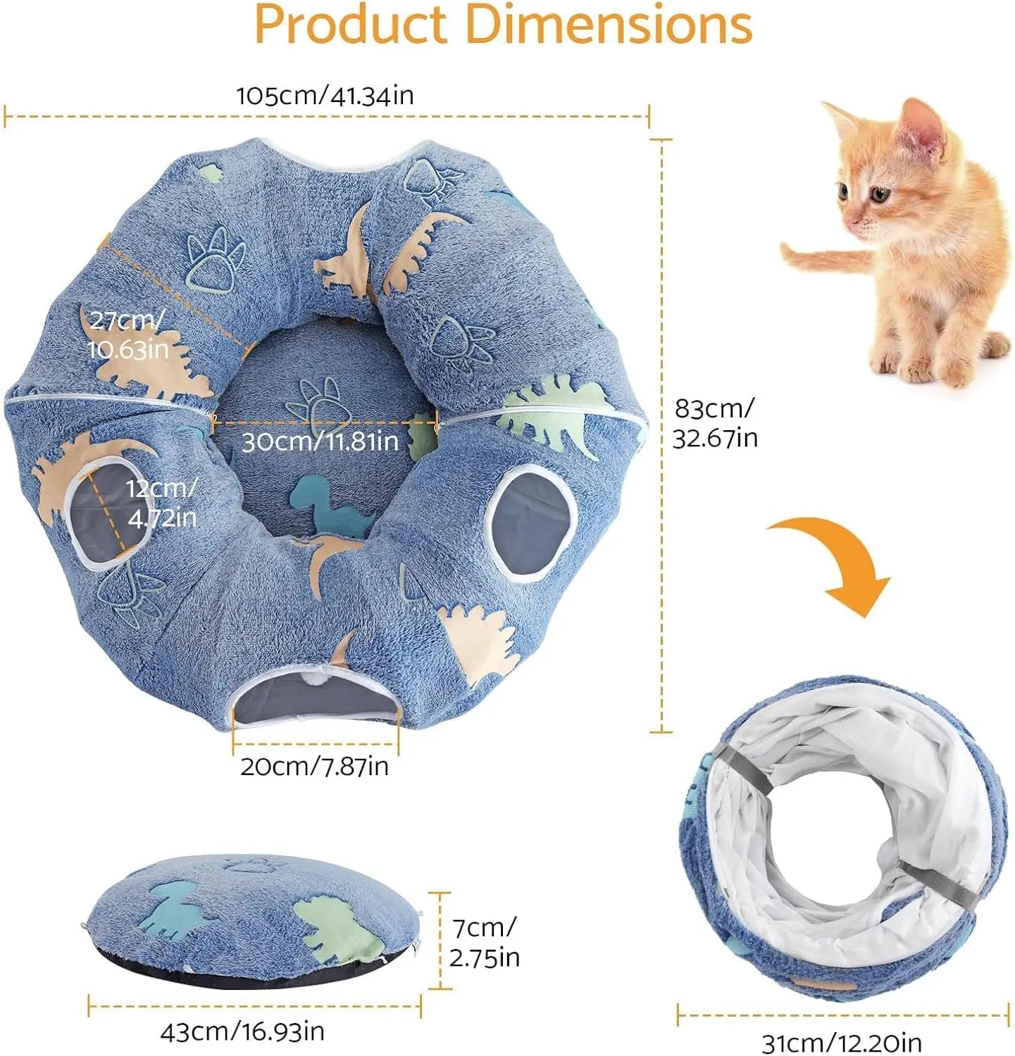 Foldable Cat Tunnel with Washable Bed, 4 Entry Points, Peekaboo Cat Cave Playground