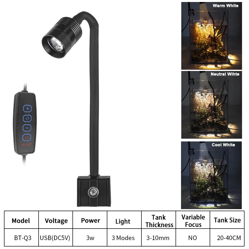 LED Aquarium Light plants Grow Light USB-5V 3W Super Slim Waterproof Clip-on