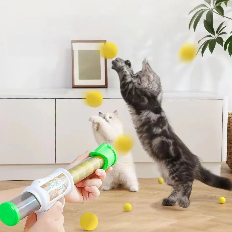 Launch Cat Toys Interactive Shooter Gun Plush Ball Games Mini Pompoms