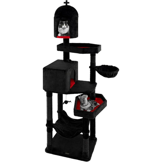 83 Inch Tall Gothic Cat Tree, Multi-Level Halloween Cat Tower with Coffin Beds, Scratching Posts, 2 Cat Condos, Dangling Balls,