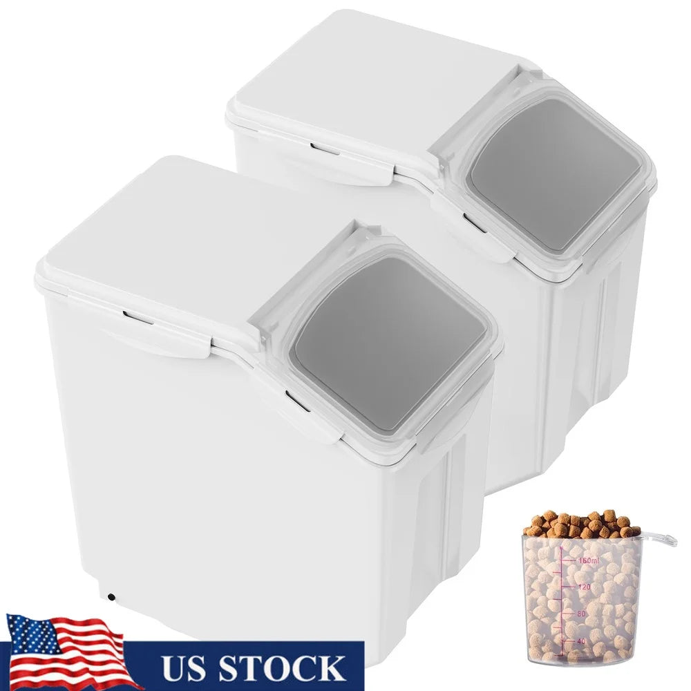 Pet Food Storage Container Set 2pcs 15L Capacity with Transparent Lid Rollers