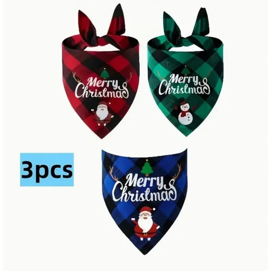 3 Piece Christmas Pet Scarf with Adjustable Collar for Small to Large Dogs, Pet Triangle Plaid Drool Towel