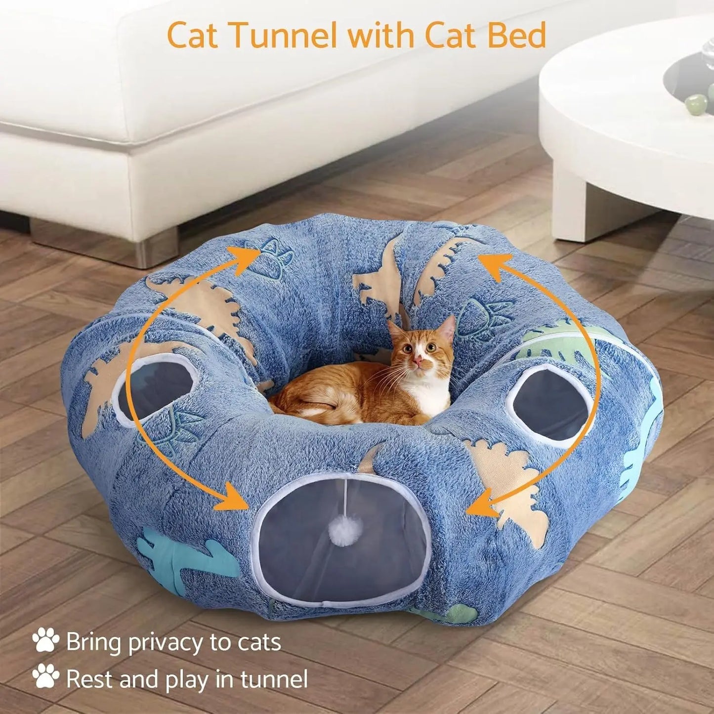 Foldable Cat Tunnel with Washable Bed, 4 Entry Points, Peekaboo Cat Cave Playground