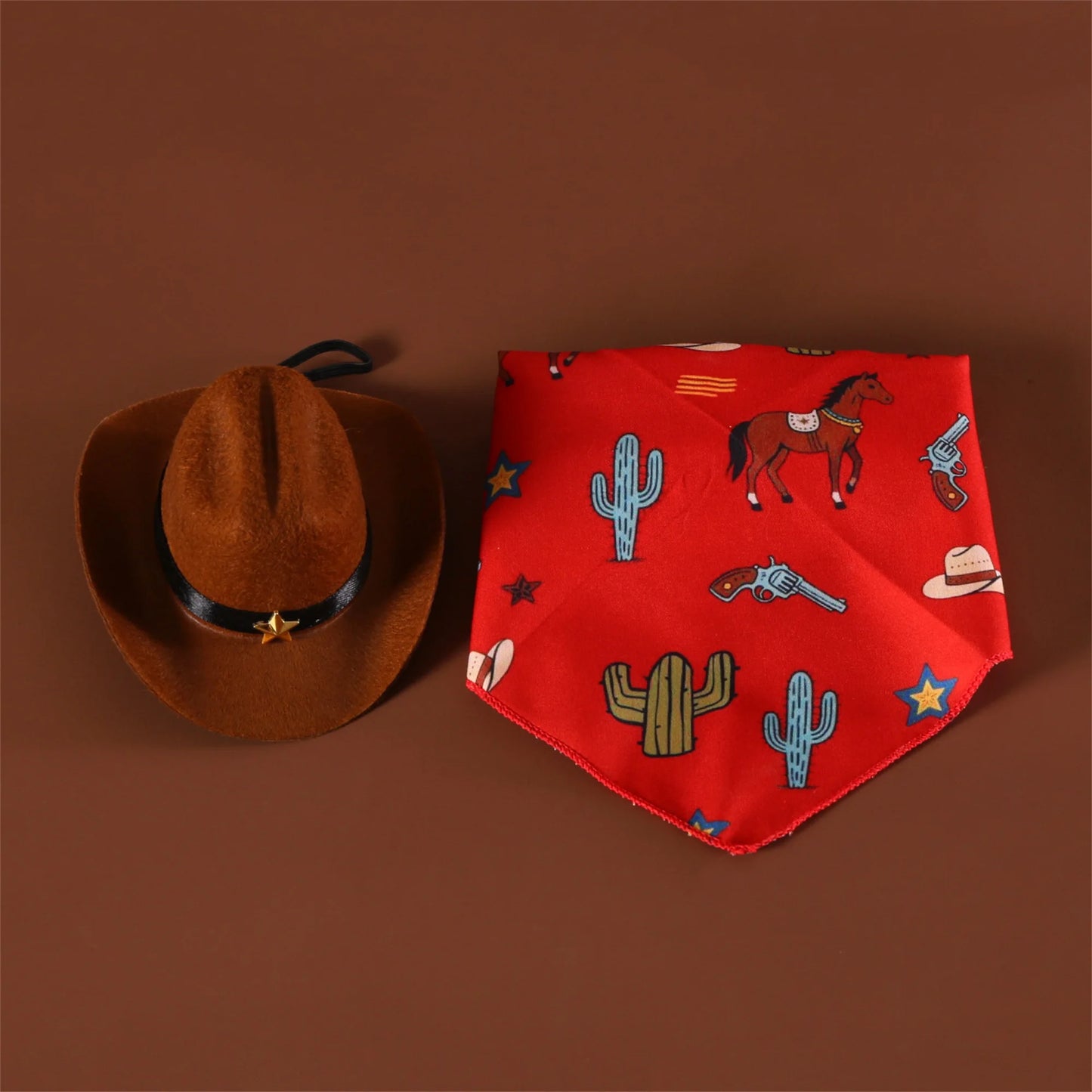 Pet Cowboy Costume Hat and Paisley Print Bandana Set Halloween Costume for Small Pets