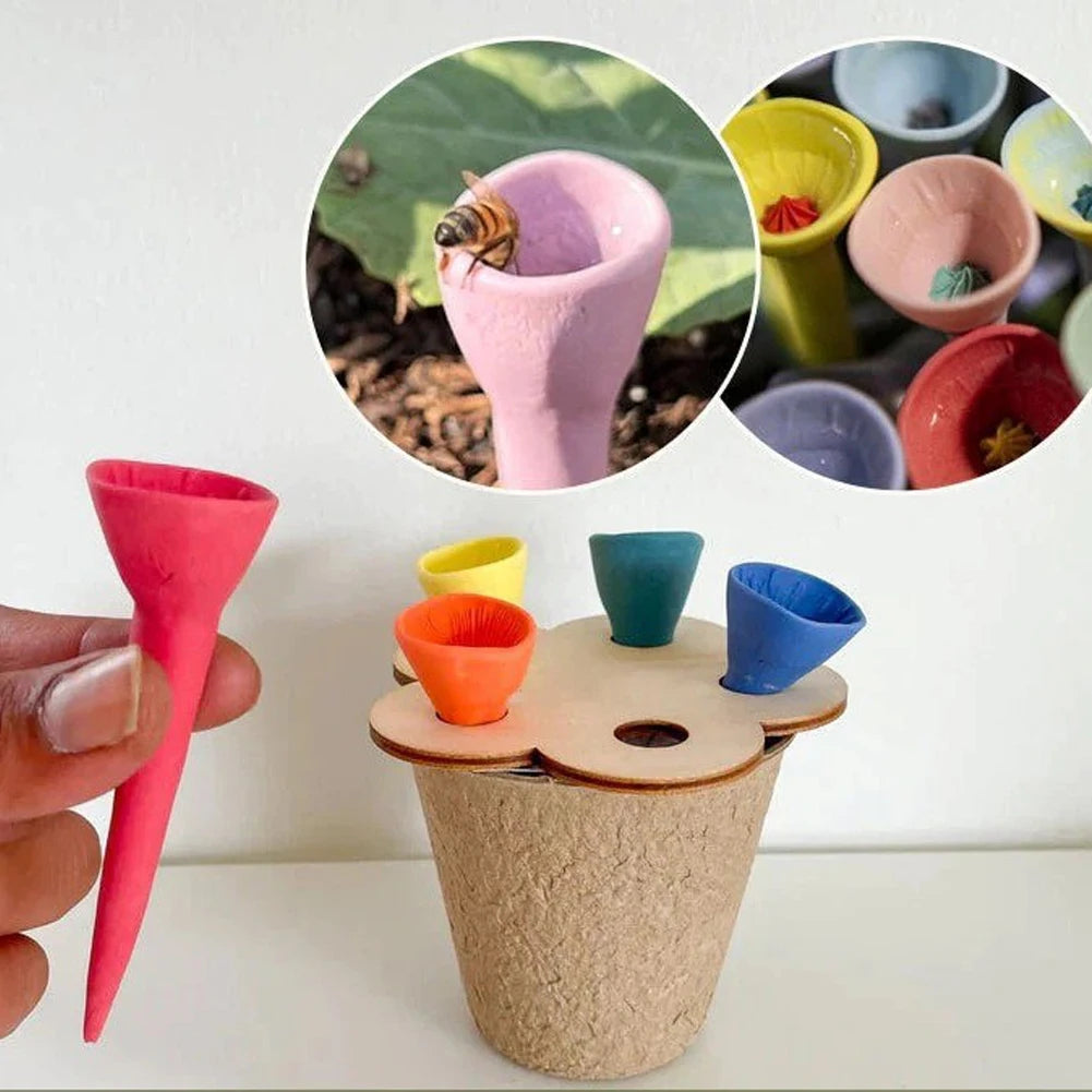 Bees Drinking Cup Flower Shape Water Feeder with Nursery Cup & Holder, Resin