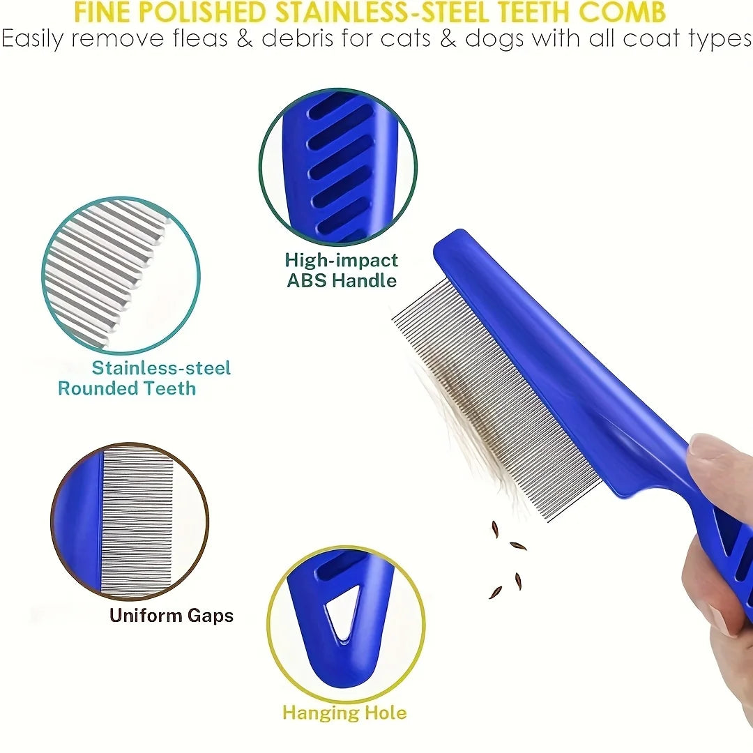 Pack of 4 Flea and Lice Combs, Stainless Steel Grooming Comb with Round Teeth, Double-sided Professional