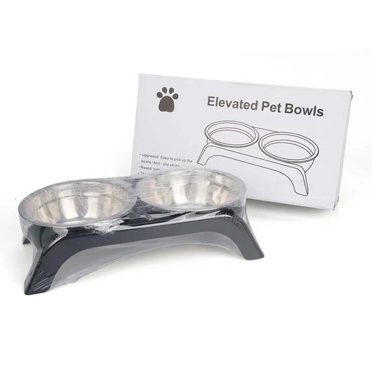 Elevated pet bowl with two stainless steel bowls, available in black and gray