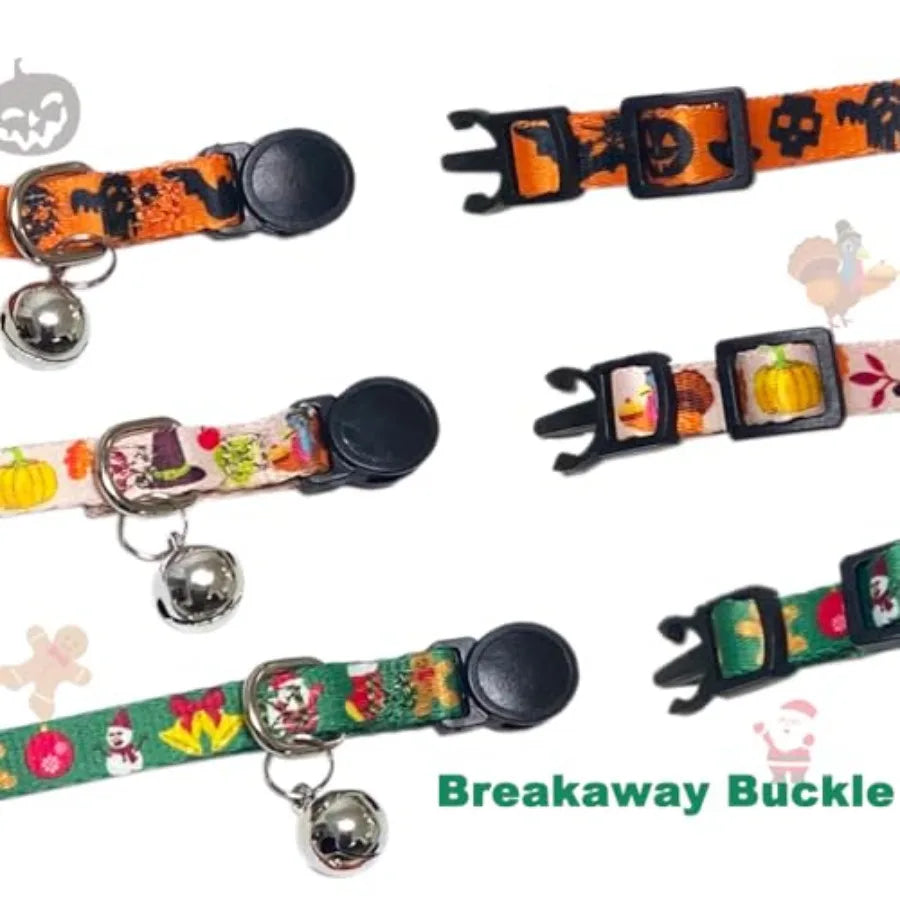 3 Pack Halloween Thanksgiving Christmas Pet Collars with Bow Tie and Bell Breakaway Safety Collars for Holidays