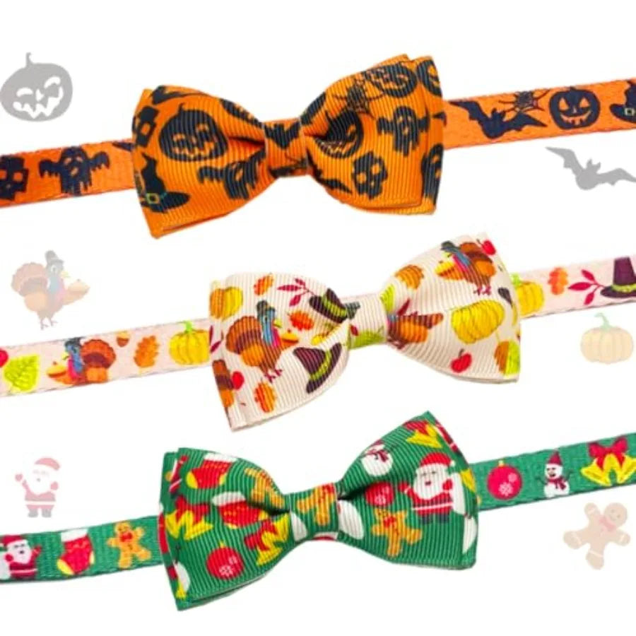 3 Pack Halloween Thanksgiving Christmas Pet Collars with Bow Tie and Bell Breakaway Safety Collars for Holidays