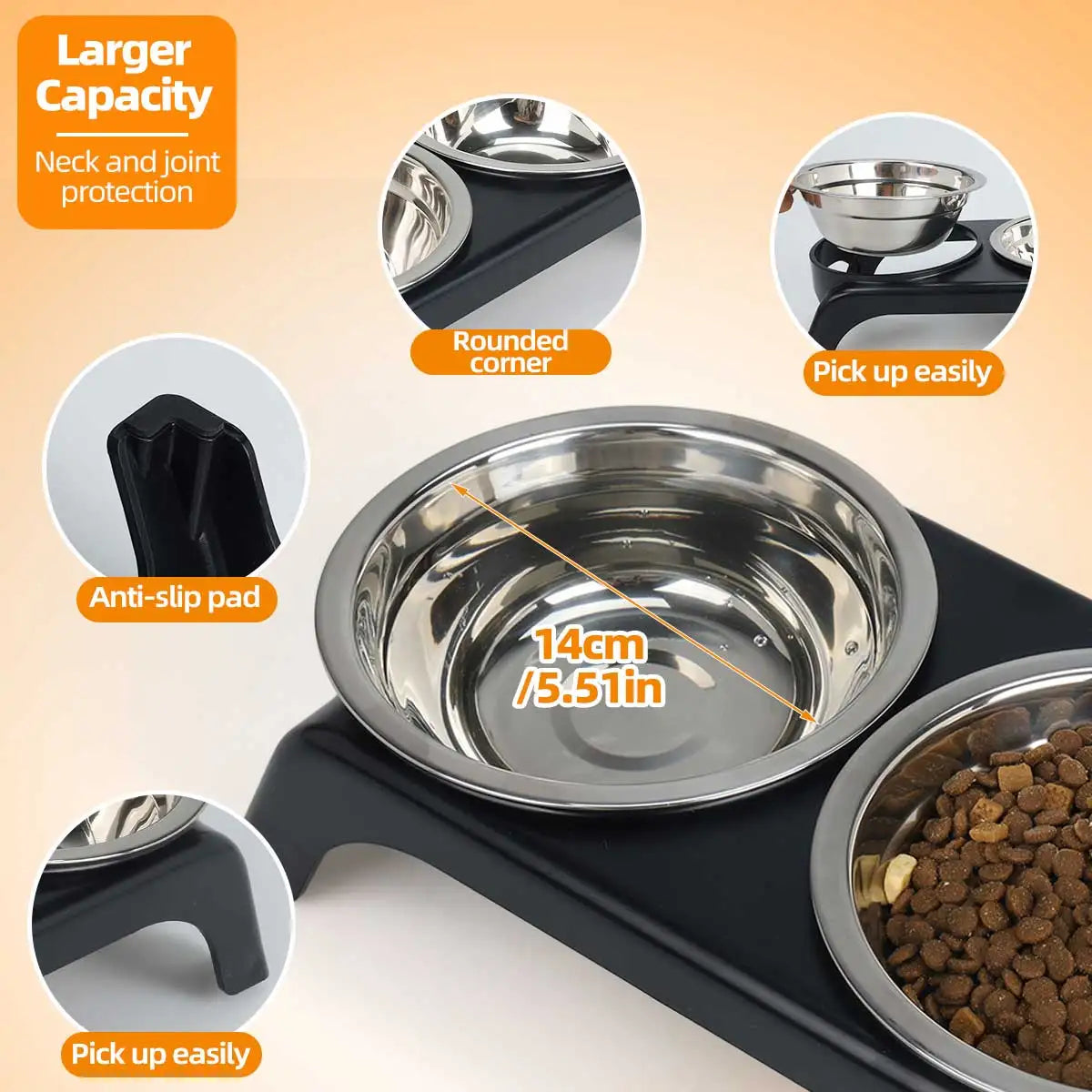 Elevated pet bowl with two stainless steel bowls, available in black and gray