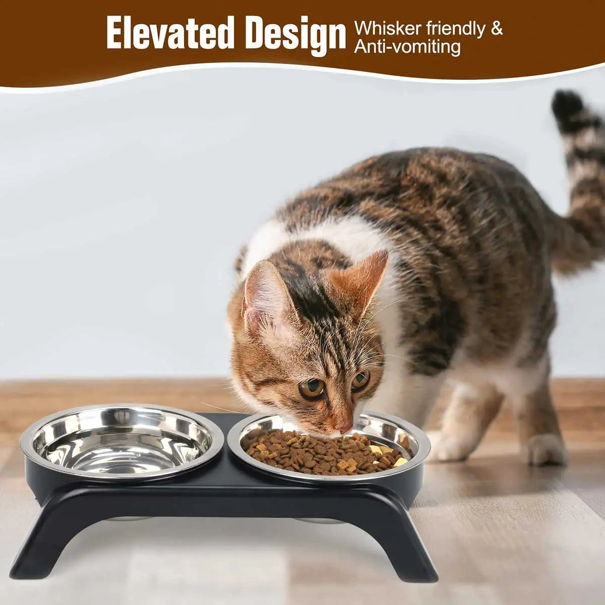 Elevated pet bowl with two stainless steel bowls, available in black and gray