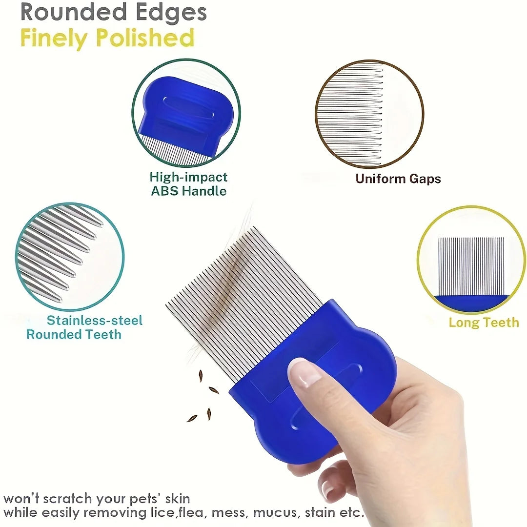 Pack of 4 Flea and Lice Combs, Stainless Steel Grooming Comb with Round Teeth, Double-sided Professional