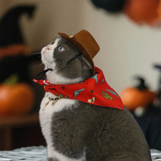Pet Cowboy Costume Hat and Paisley Print Bandana Set Halloween Costume for Small Pets