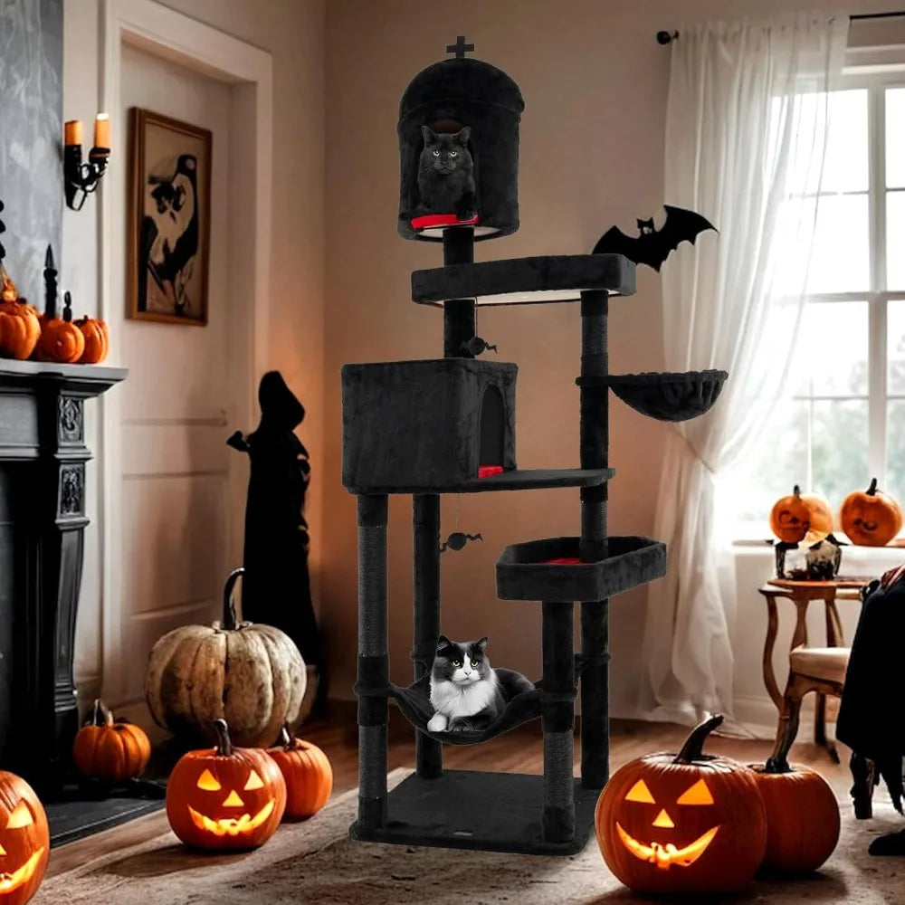 83 Inch Tall Gothic Cat Tree, Multi-Level Halloween Cat Tower with Coffin Beds, Scratching Posts, 2 Cat Condos, Dangling Balls,