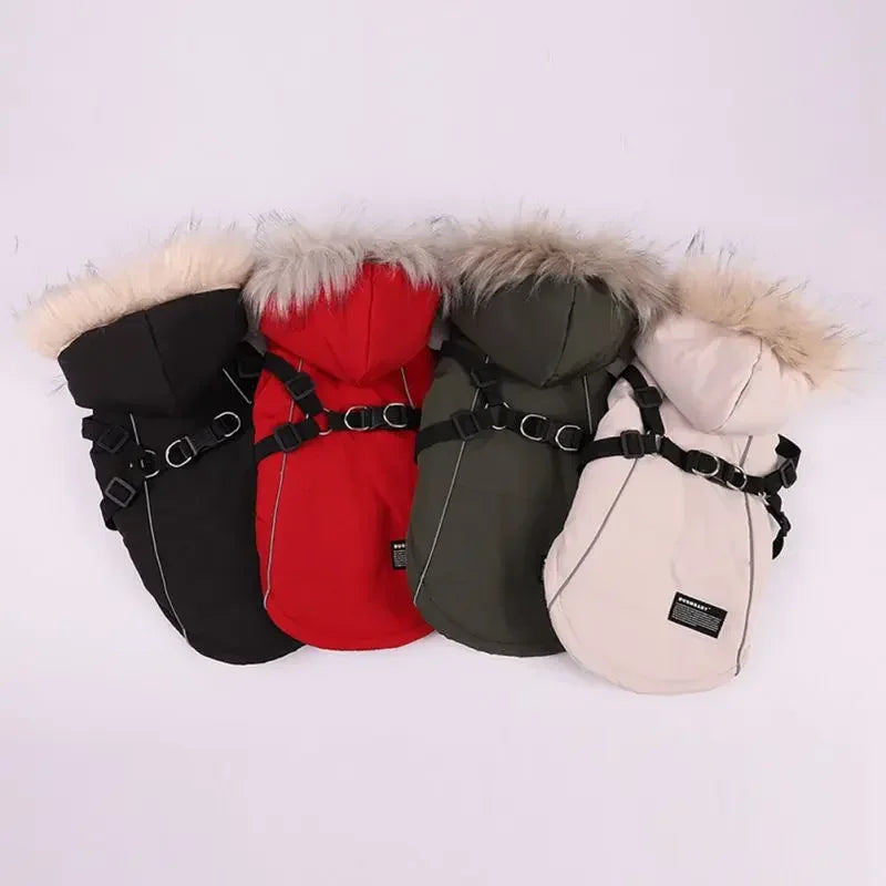 Winter Pet Jacket With Harness Clothes Outfit Waterproof Hooded Coat