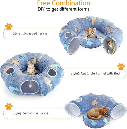 Foldable Cat Tunnel with Washable Bed, 4 Entry Points, Peekaboo Cat Cave Playground