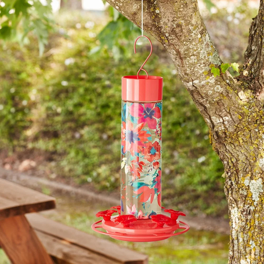 Fresh Floral Decorative Glass Hummingbird Feeder with Ant Moat Perching Ring