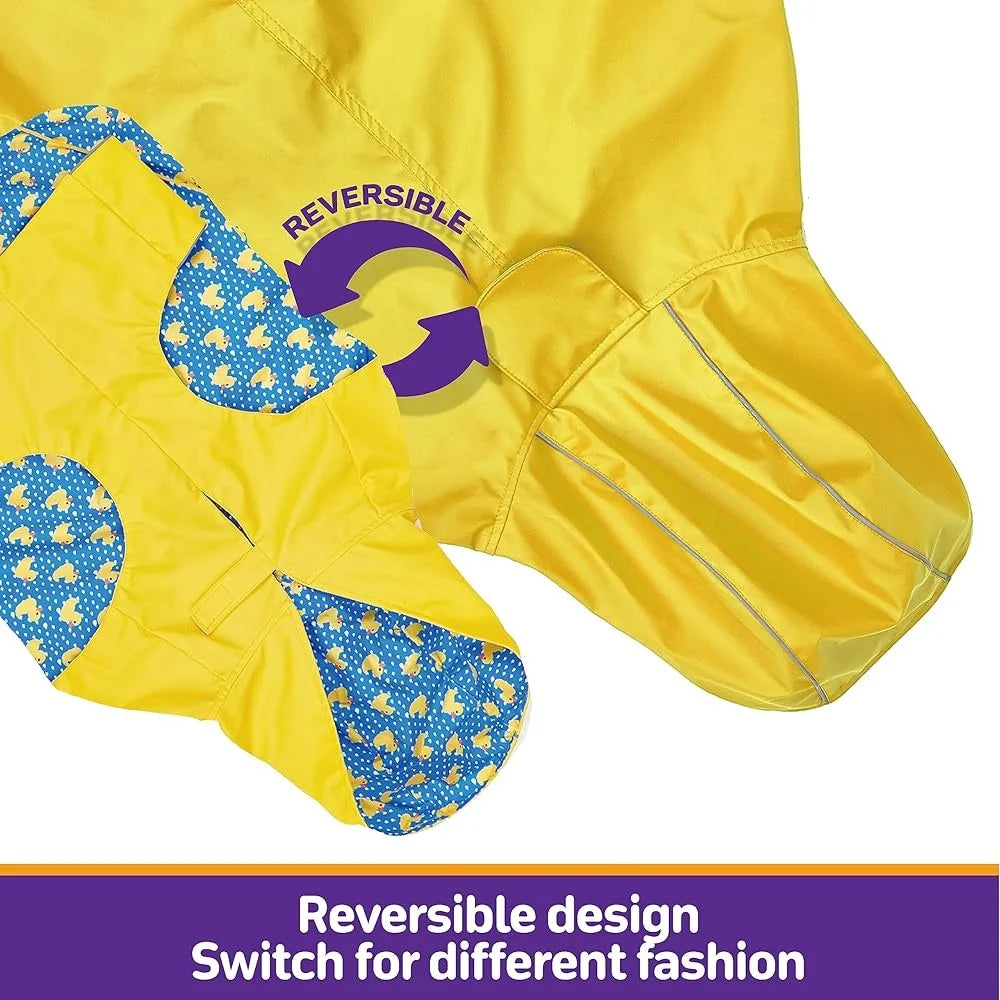 Reversible Waterproof Dog Raincoat with Leash Hole Reflective Stripe Hooded Adjustable Slicker Poncho