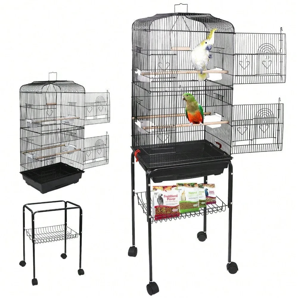 59''H Rolling Bird Cage with Stand & Tray