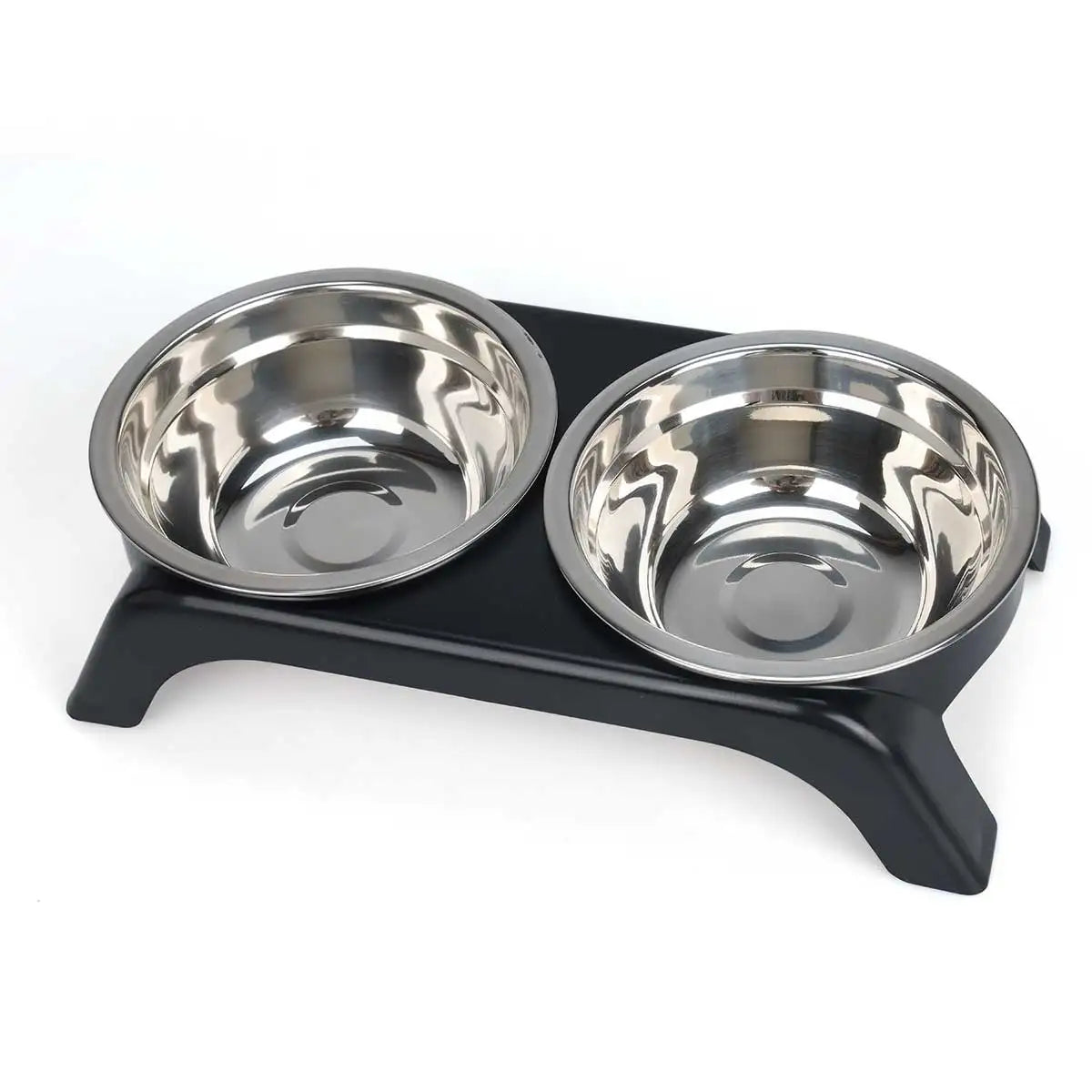 Elevated pet bowl with two stainless steel bowls, available in black and gray