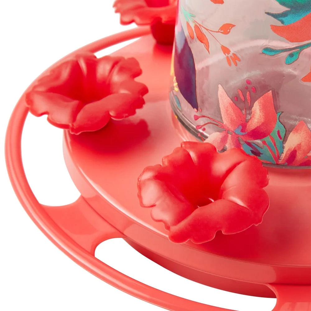 Fresh Floral Decorative Glass Hummingbird Feeder with Ant Moat Perching Ring