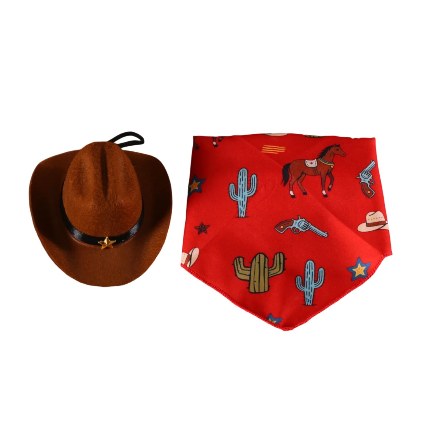 Pet Cowboy Costume Hat and Paisley Print Bandana Set Halloween Costume for Small Pets