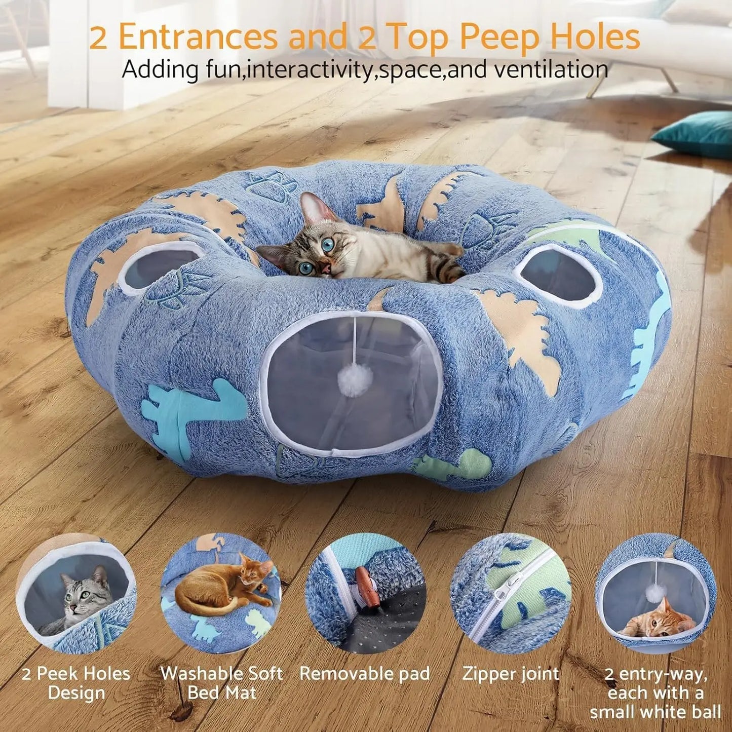 Foldable Cat Tunnel with Washable Bed, 4 Entry Points, Peekaboo Cat Cave Playground