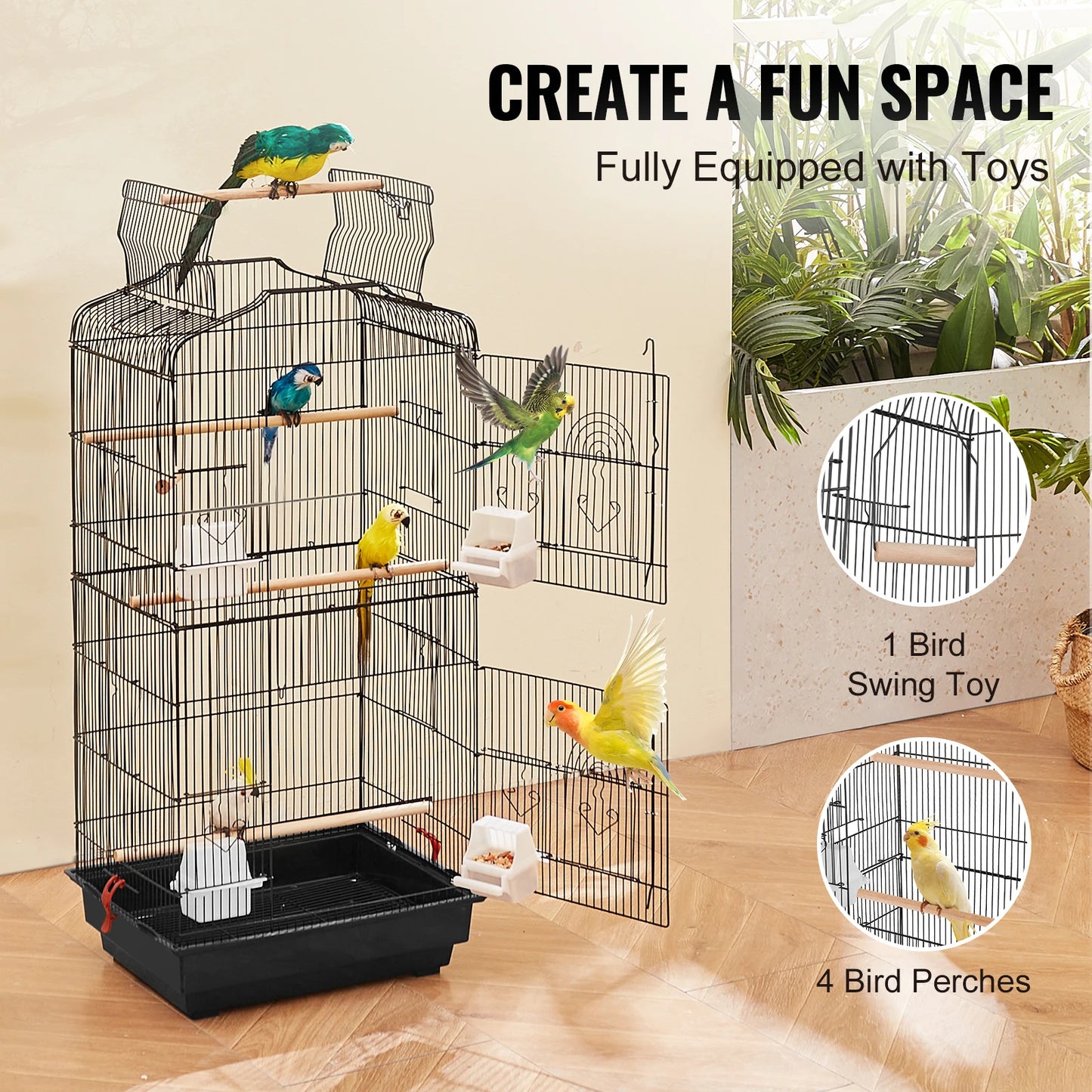 Open Top Large Parrot Bird Cage Hanging for Birds with Swing and Perch