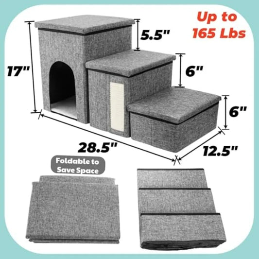 Stairs for Cats and Small Dogs 3 Tiers Pet Step with Storage Foldable Pet Ramp with Condo Cat Scratcher Portable Pet Ladder