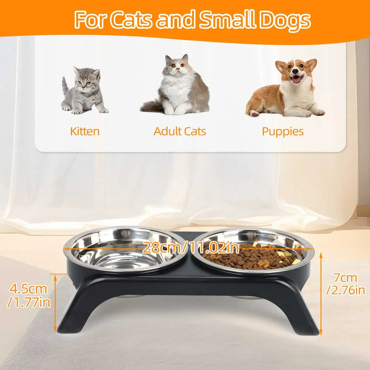 Elevated pet bowl with two stainless steel bowls, available in black and gray