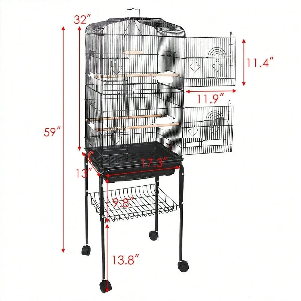 59''H Rolling Bird Cage with Stand & Tray