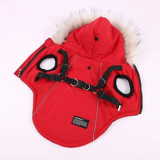 Winter Pet Jacket With Harness Clothes Outfit Waterproof Hooded Coat