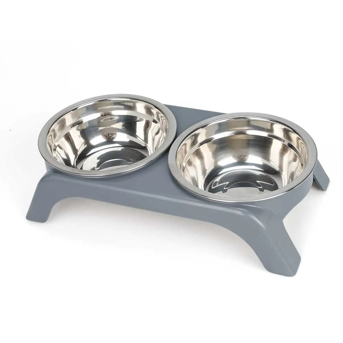 Elevated pet bowl with two stainless steel bowls, available in black and gray