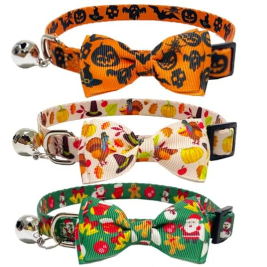 3 Pack Halloween Thanksgiving Christmas Pet Collars with Bow Tie and Bell Breakaway Safety Collars for Holidays