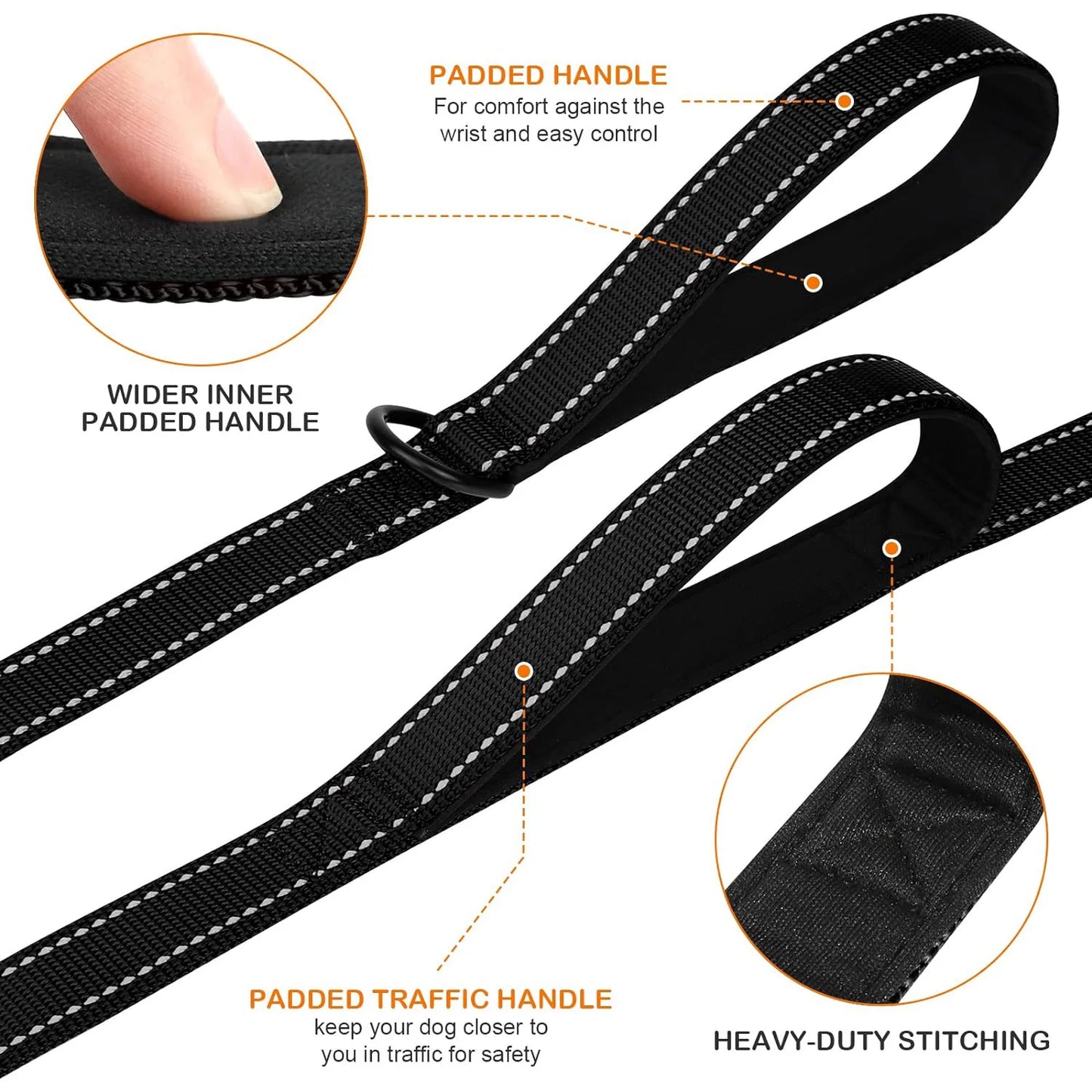Heavy Duty Double Handle Pet Leash with Reflective Strips for Night Safety