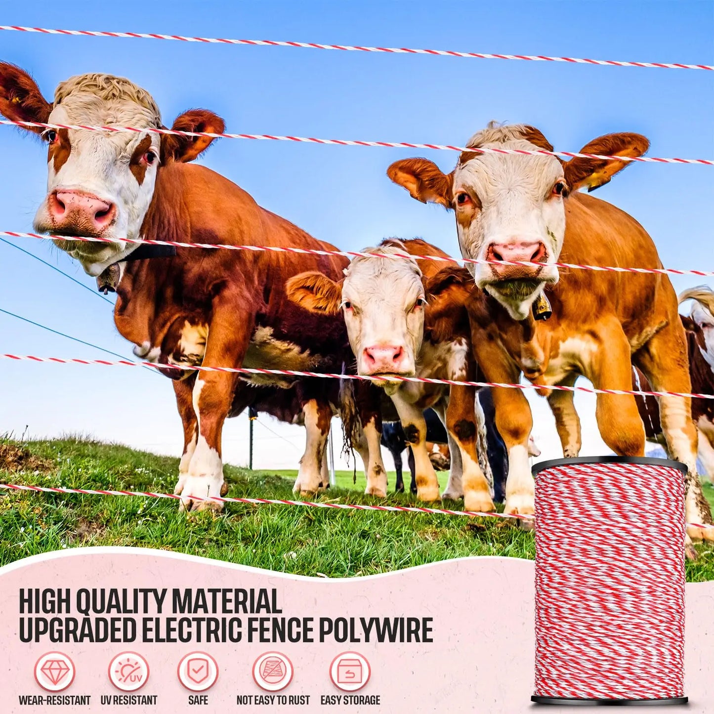 200/500M Roll Electric Fence Rope Poly wire with Steel Poly Rope Fencing  Low Resistance Wire
