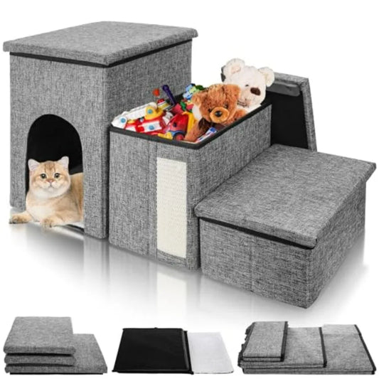 Stairs for Cats and Small Dogs 3 Tiers Pet Step with Storage Foldable Pet Ramp with Condo Cat Scratcher Portable Pet Ladder