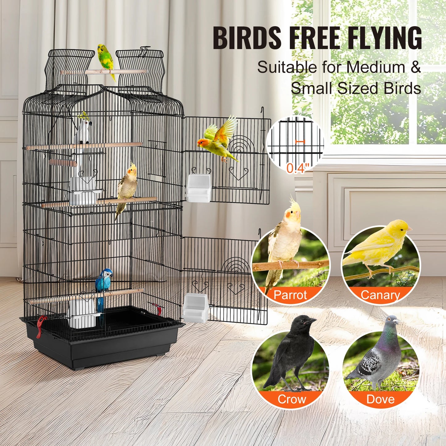 Open Top Large Parrot Bird Cage Hanging for Birds with Swing and Perch