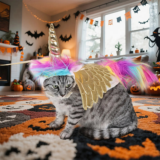 Pet Unicorn Costume Set with Horn Wings and Rainbow Mane - Cosplay Outfit for Halloween