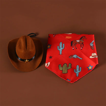 Pet Cowboy Costume Hat and Paisley Print Bandana Set Halloween Costume for Small Pets