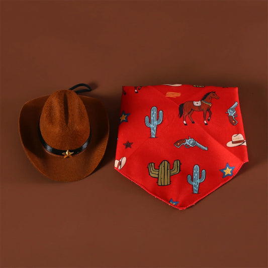 Pet Cowboy Costume Hat and Paisley Print Bandana Set Halloween Costume for Small Pets