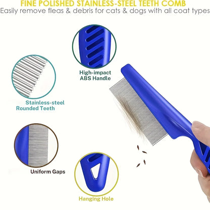 Pack of 4 Flea and Lice Combs, Stainless Steel Grooming Comb with Round Teeth, Double-sided Professional